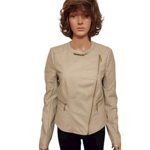 LAURA LANE BEIGE FAUX LEATHER ZIP JACKET WITH ZIP FRONT POCKETS SIZE L NWT